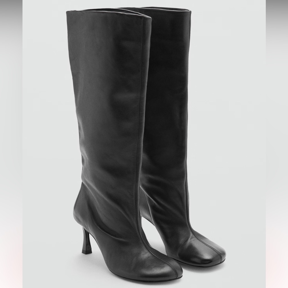 MANGO Black Round-Toe Leather Knee High Boots Stiletto Heel EUR 39 NWT